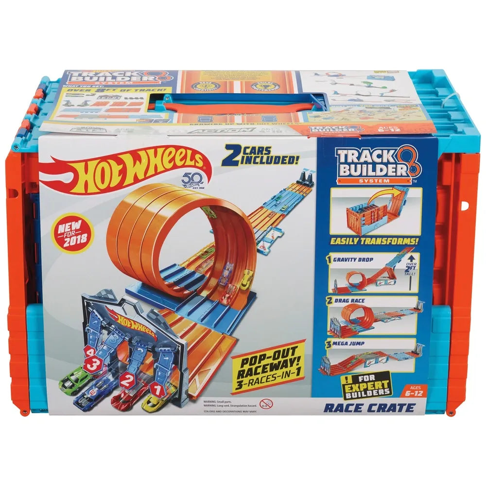 Hot Wheels Track Builder Race Crate Toy with 2 Die-Cast Cars