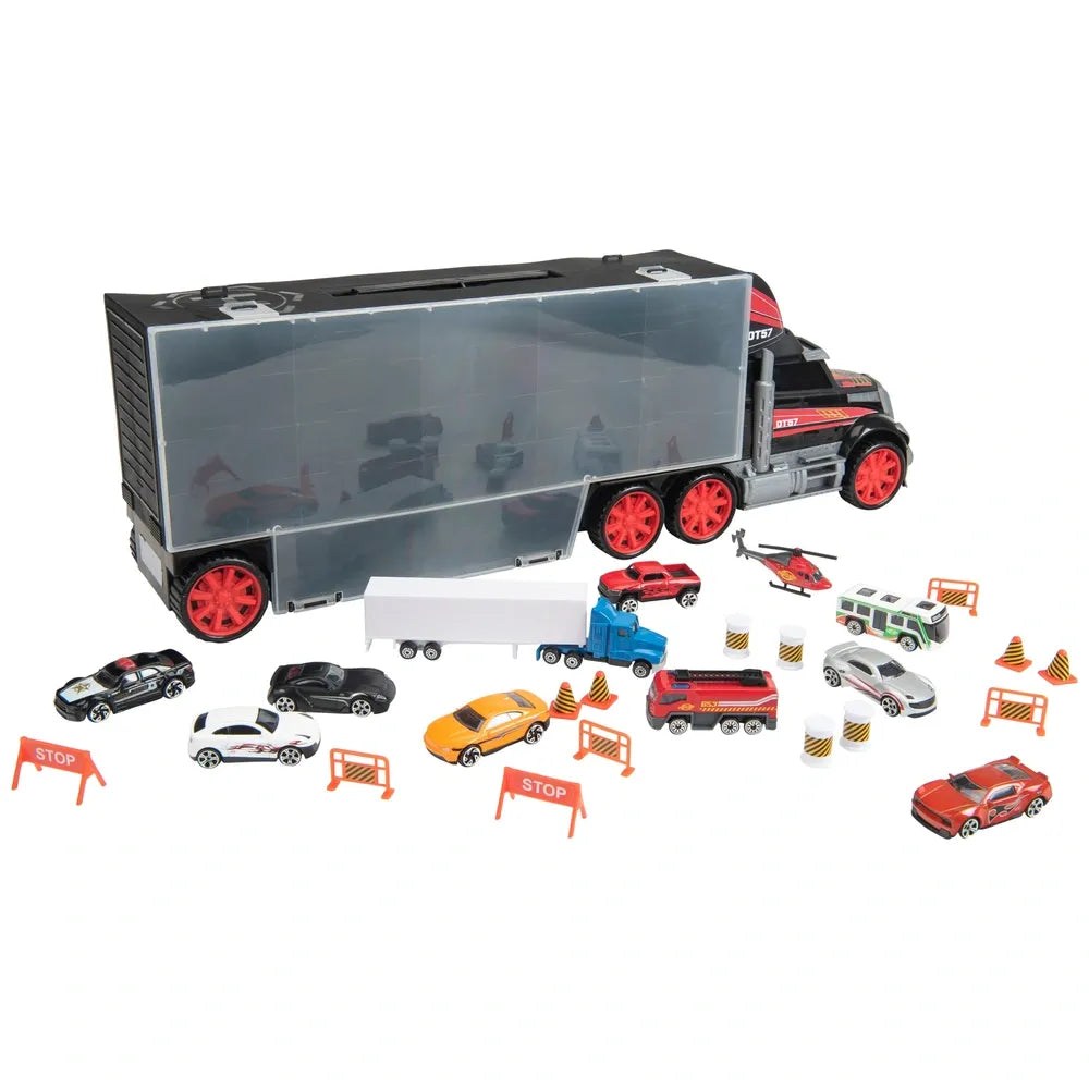 Super Wheelz Diecast Truck Carry Case Set with 7 Mini Cars for Kids