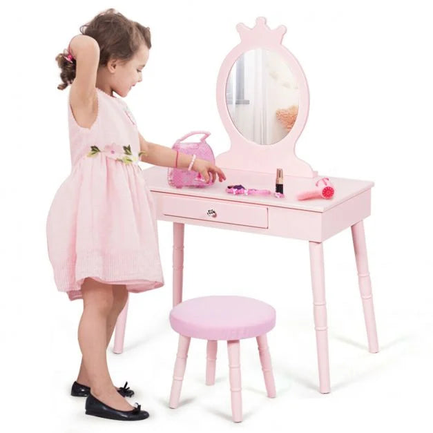 Kids Dressing Table Set with Comfortable Padded Stool for Bedroom
