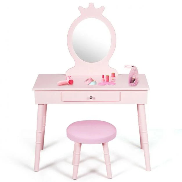 Kids Dressing Table Set with Comfortable Padded Stool for Bedroom