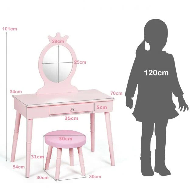 Kids Dressing Table Set with Comfortable Padded Stool for Bedroom