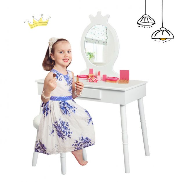 Kids Dressing Table Set with Comfortable Padded Stool for Bedroom