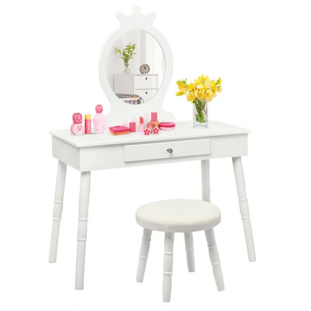 Kids Dressing Table Set with Comfortable Padded Stool for Bedroom