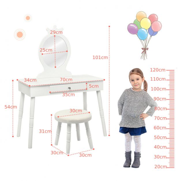 Kids Dressing Table Set with Comfortable Padded Stool for Bedroom