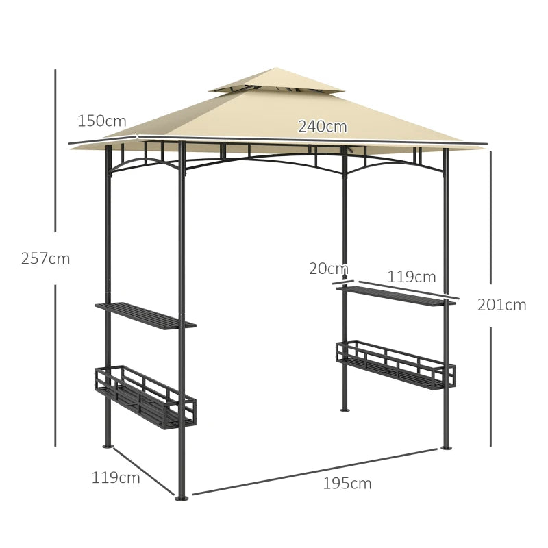 Patio BBQ Gazebo Canopy with Double Tier & Side Storage Shelves, Grill Shelter, 8x5ft