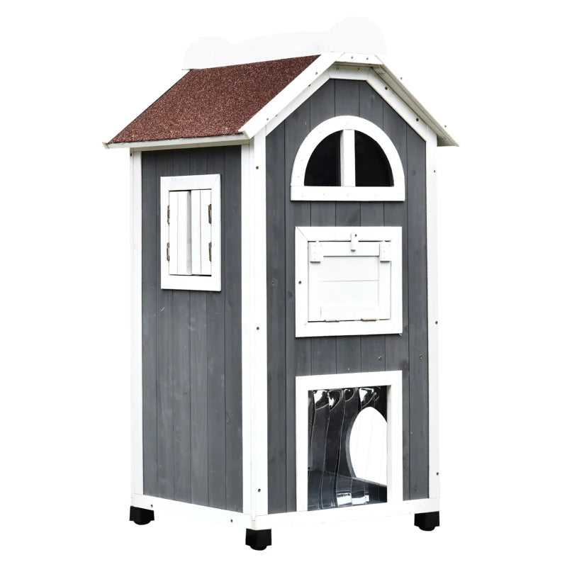 Grey & White Wooden Cat House, Outdoor Pet Shelter