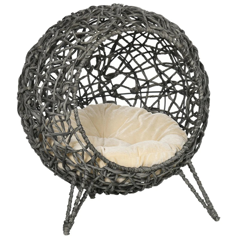 Rattan Elevated Cat Bed with Cushion – Silver & Grey