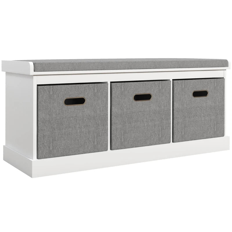 White Shoe Bench with Padded Top & Three Storage Drawers
