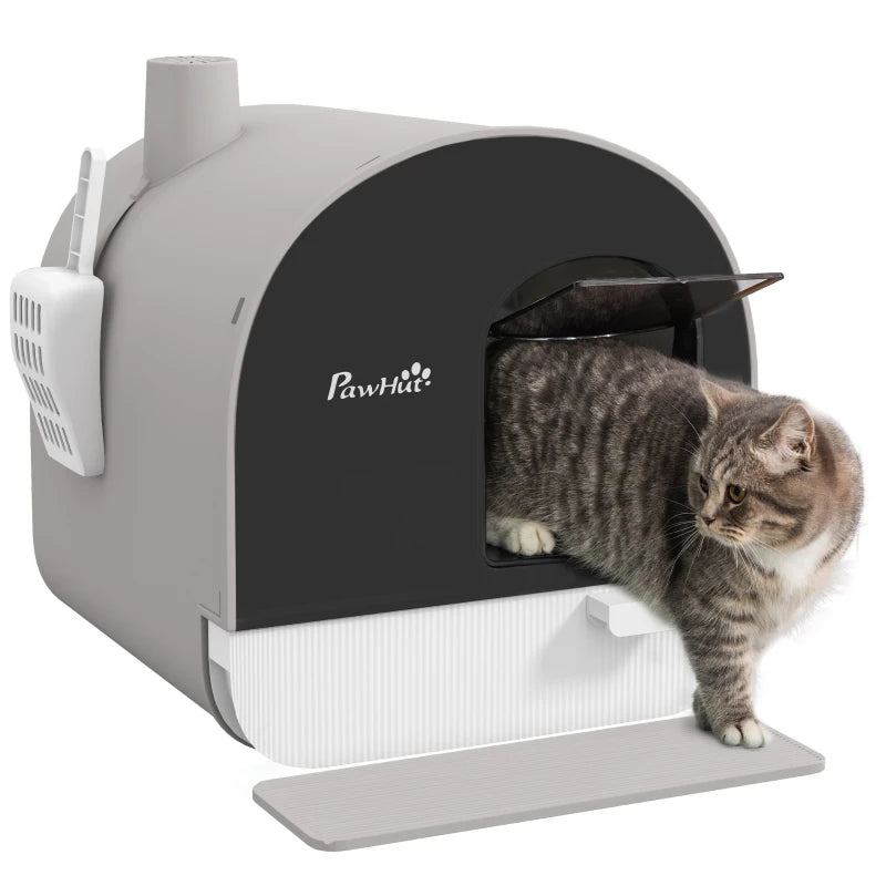 Cat Litter Box with Lid, Scoop & Flap Door – Grey