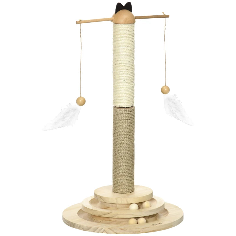 Cat Tree with Scratching Post & Turntable Toy Ball – Natural Finish