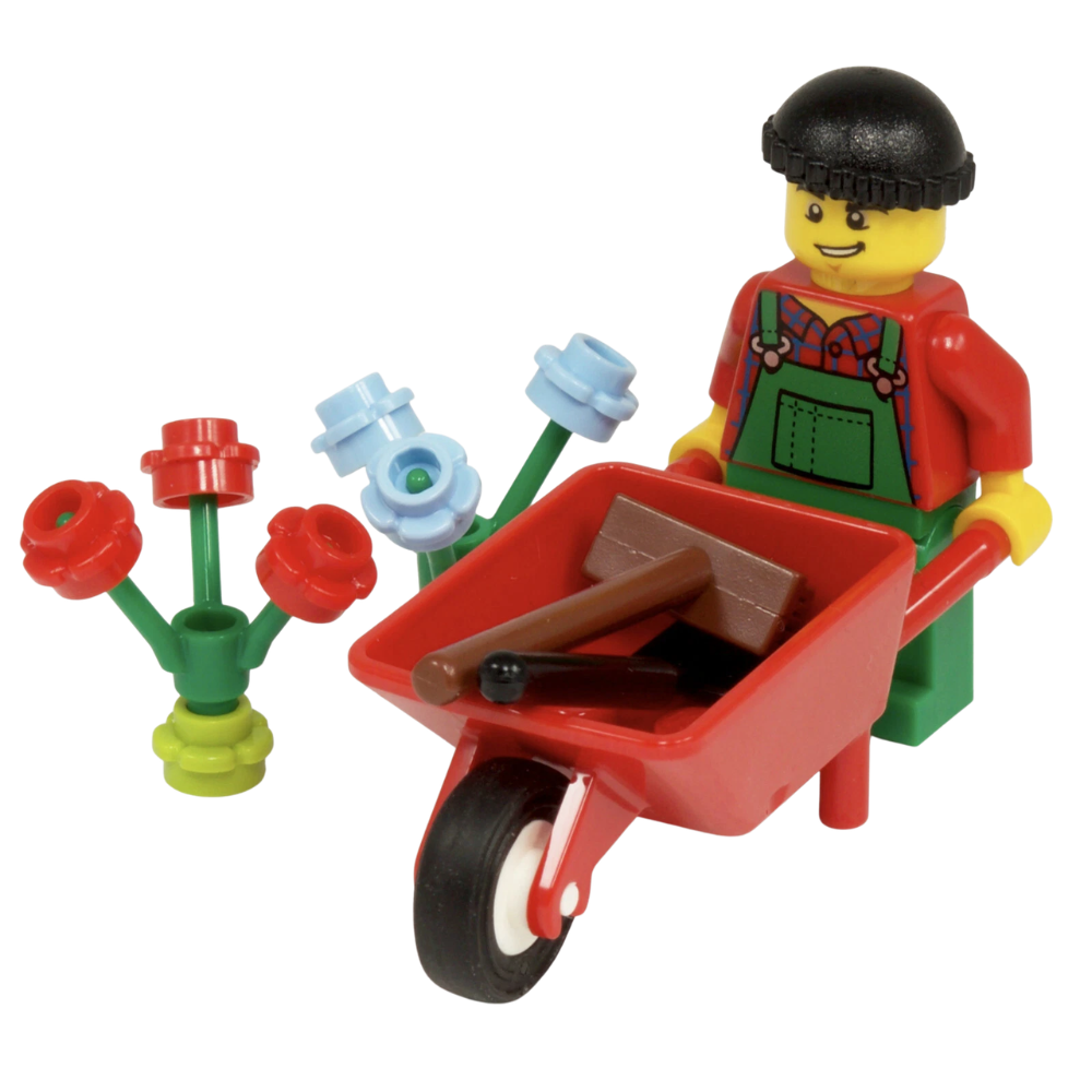 LEGO Gardener Minifigure with Wheelbarrow, Spade, Broom and Flowers Garden Set