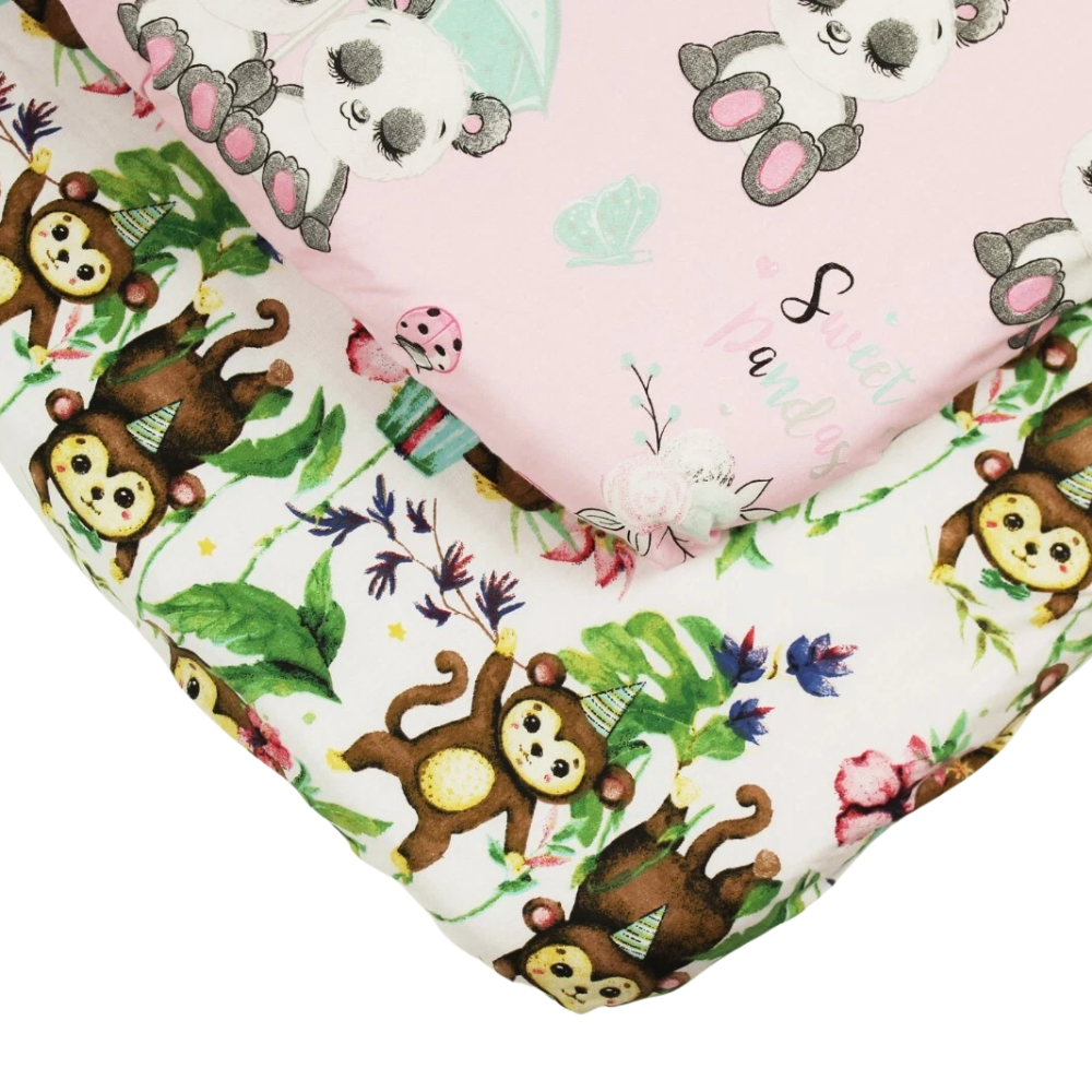Lolaland Pink Baby Fitted Cot Bed Sheets 2 Pack 100% Cotton Monkeys Panda Print
