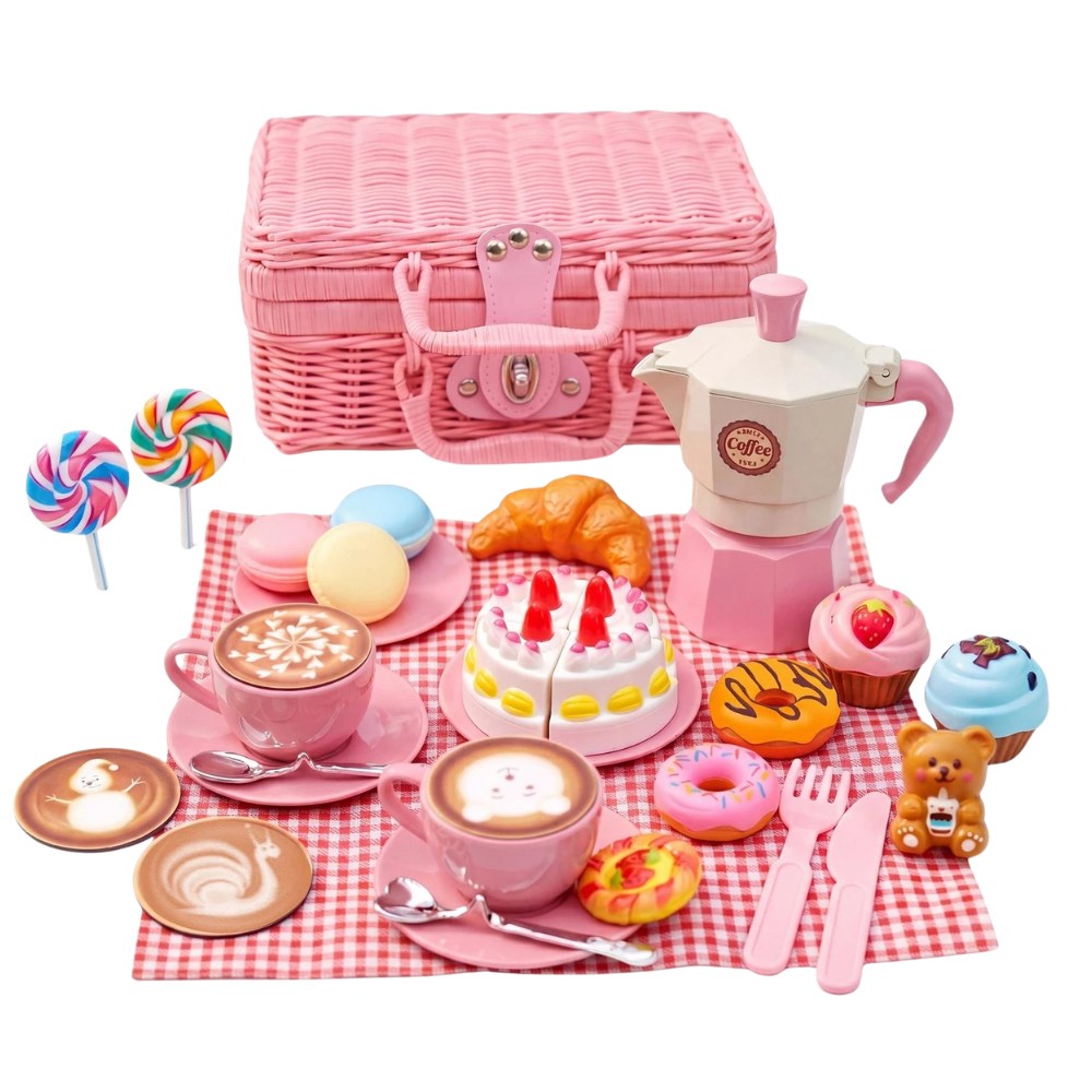 Kids Wicker Picnic Basket Hamper 30 Pcs Pretend Play Food & Tea Set for Toddlers