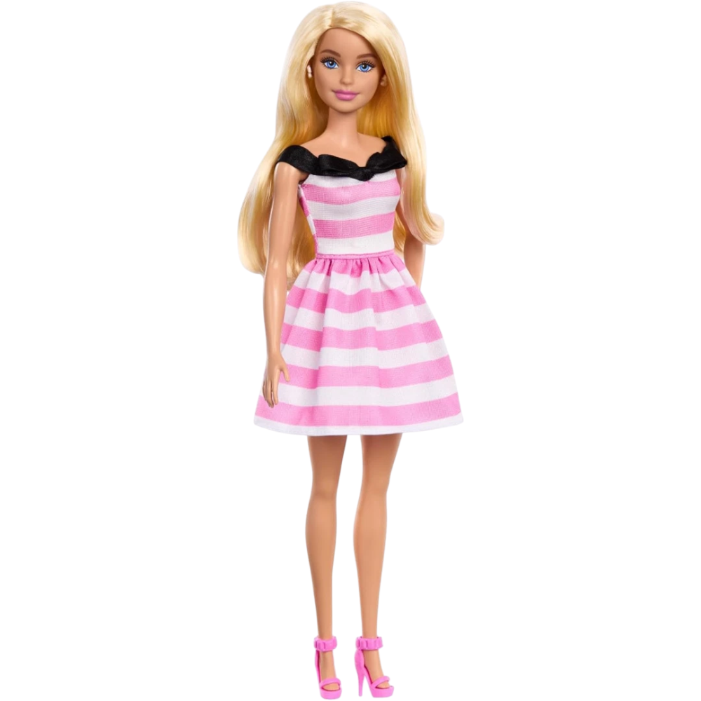 Barbie 65th Anniversary Doll Pink White Stripe Dress Collectible Fashion Figure Mattel Gift