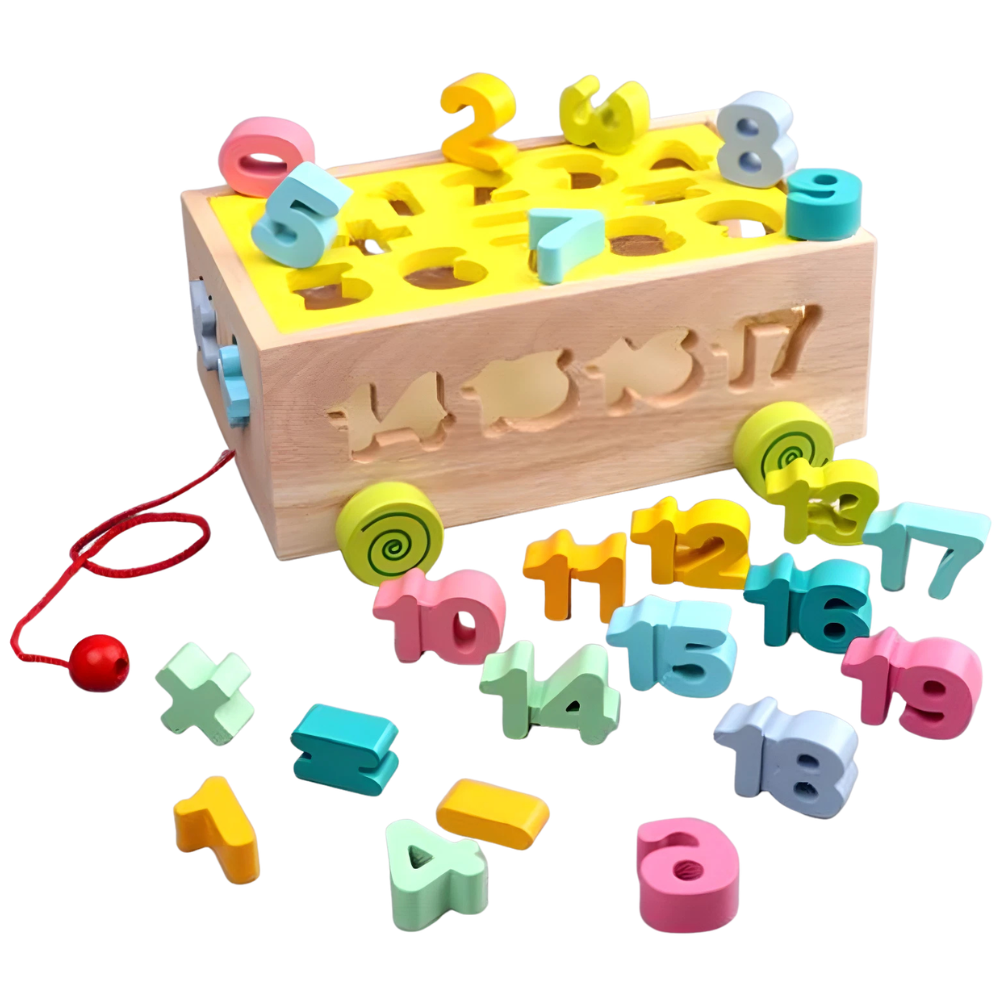 Wooden Pull Along Toy Car Box with Colourful Number and Shape Blocks for Kids Learning Fun