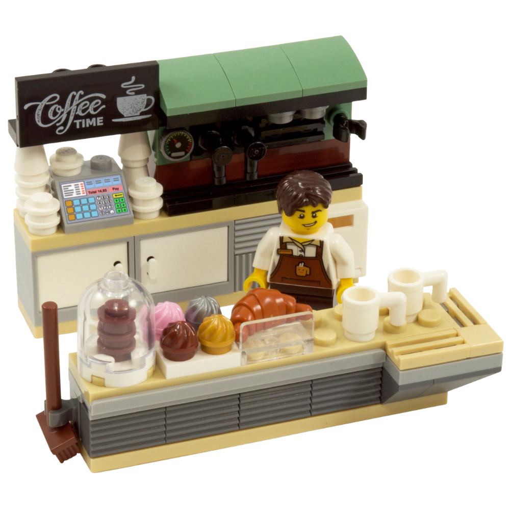 Lego Coffee Shop & Barista Minifigure Cafe Bakery Food Shop Set Genuine Lego Parts Display Kit