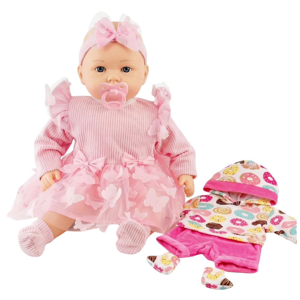 Bibi Doll Maeve 18 Inch Baby Doll Girl Soft Body Toy Sounds Dummy Extra Outfit Pink Toy 3+