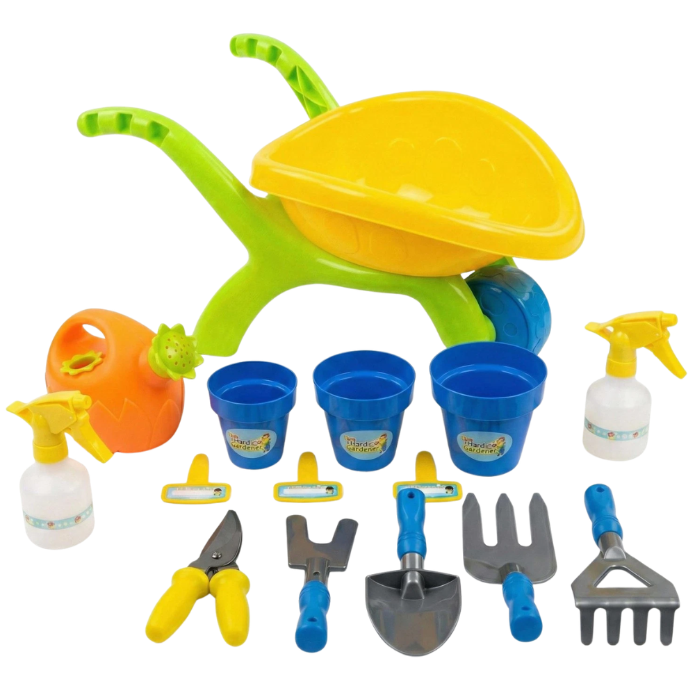 Kids Garden Tool Set with Wheelbarrow 14pc Toy Watering Can Spade Outdoor Beach Fun