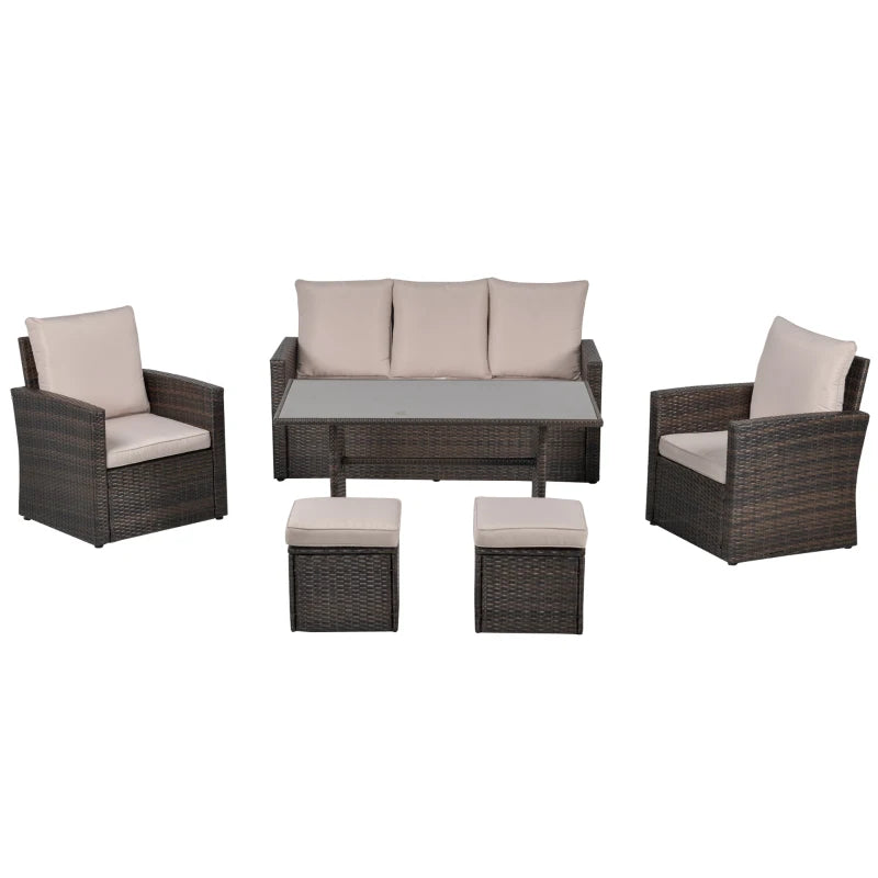 Mixed Brown Rattan Sofa Set with Glass-Top Table – 6-Piece Patio Furniture