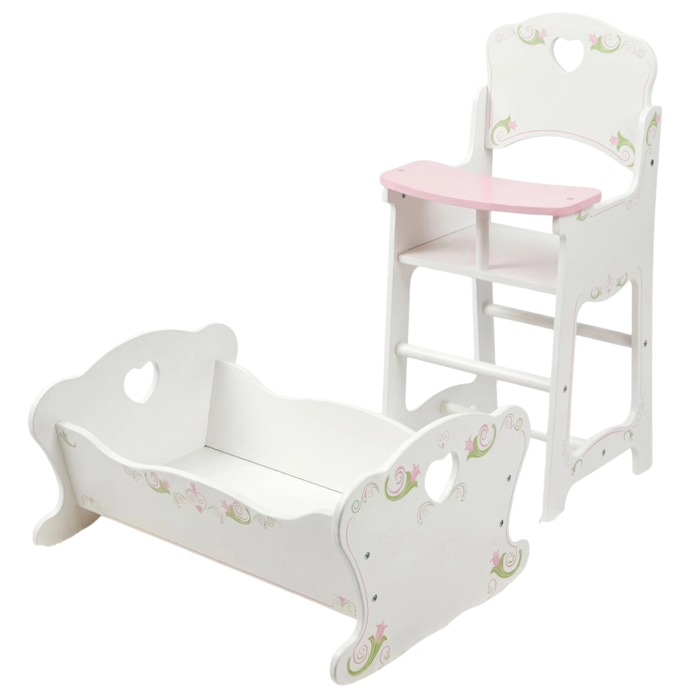 Baby Doll High Chair & Rocking Cradle Wooden Furniture Accessory Set for Bibi Doll Pretend