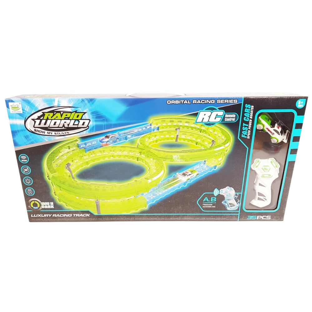 Glow in the Dark Multi-Level Race Track Set 35 Pcs Rc Remote Control Car for Kids Toy Game