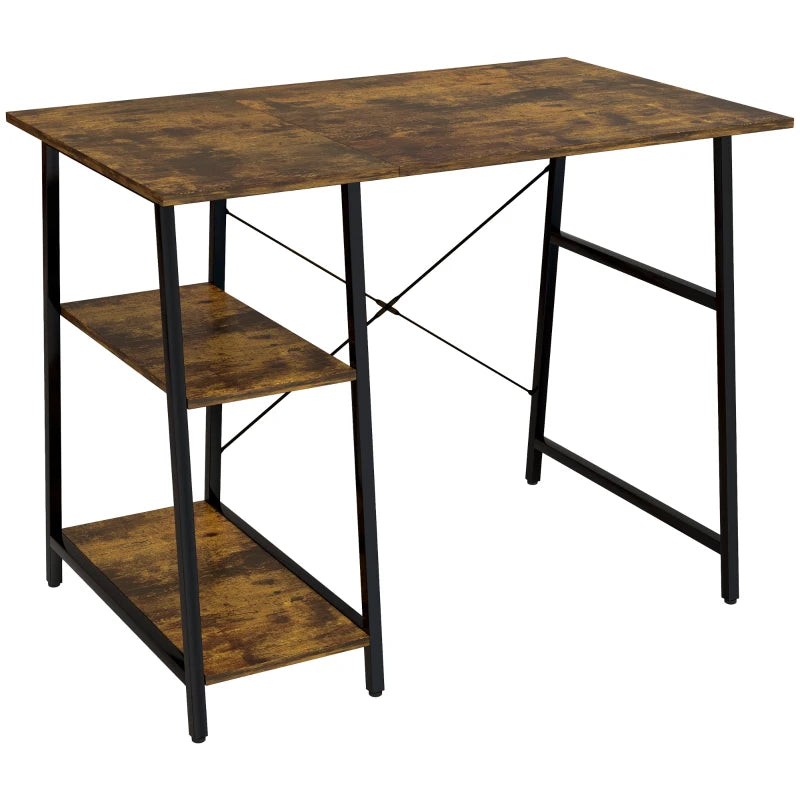 Rustic Brown Computer Desk with 2-Tier Shelves & Steel Frame