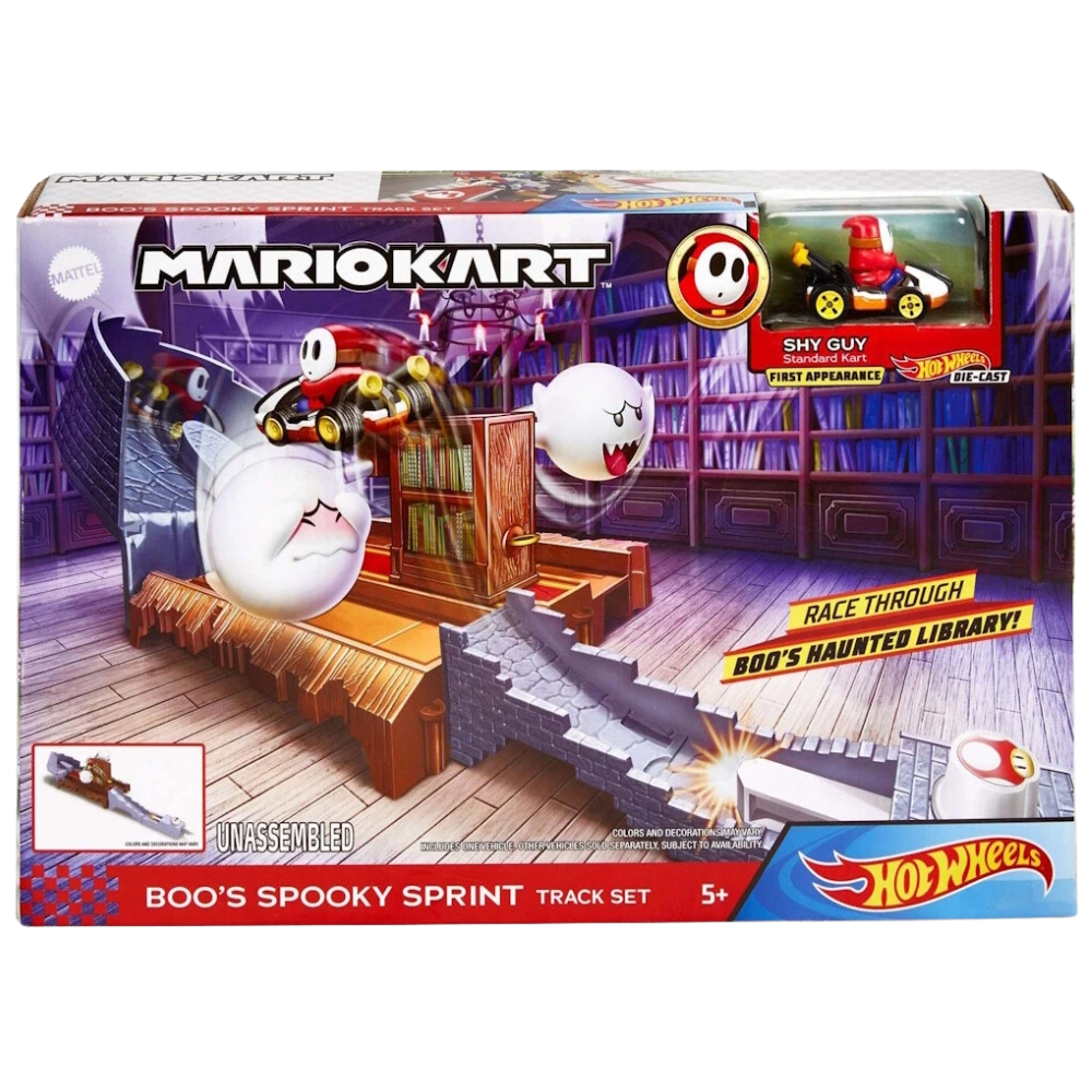 Hot Wheels Mario Kart Boo's Spooky Sprint Race Track Playset with Shy Guy Toy Set