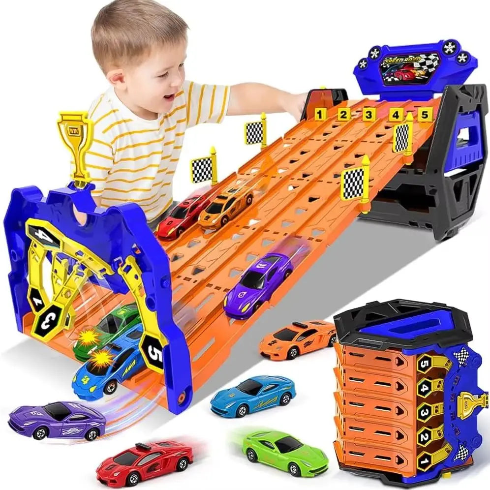 VATOS 5-Track Race Truck Toy Set with 5 Cars Portable Carrier for Kids Boys & Girls