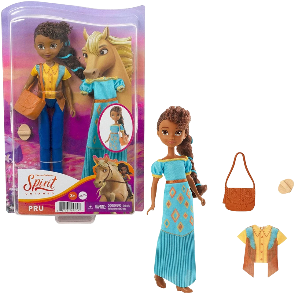 Spirit Untamed Pru Doll Fashion Set 17.78cm Girl Doll with Blue Dress Bag Brush Accessories 3+