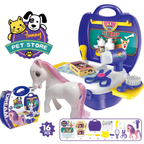Kids Pony Grooming Play Set 16PCS Pet Salon Toy with Portable Suitcase for Children