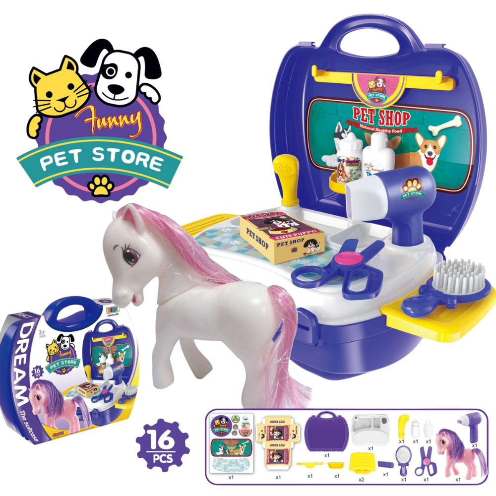 Kids Pony Grooming Play Set 16PCS Pet Salon Toy with Portable Suitcase for Children