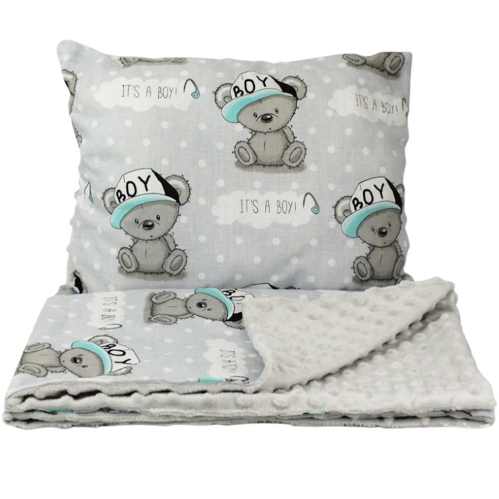 Grey Teddy Bear Baby Blanket and Pillow Set Cotton Minky Bedding for Pram and Crib