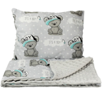 Grey Teddy Bear Baby Blanket and Pillow Set Cotton Minky Bedding for Pram and Crib