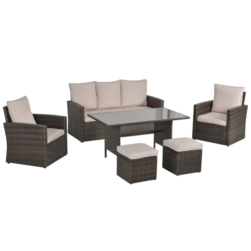 Mixed Brown Rattan Sofa Set with Glass-Top Table – 6-Piece Patio Furniture