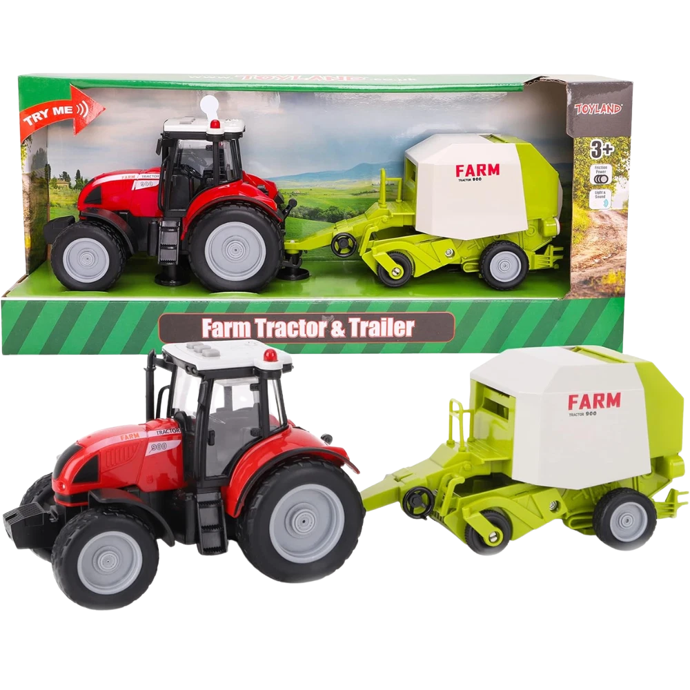 Toyland 37cm Red Tractor & Baler Farm Toy with Flashing Lights Horn Engine & Reversing Sounds Kids 3+