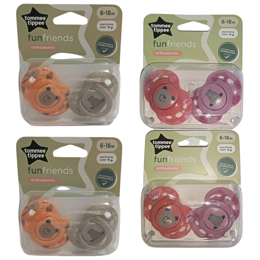 Tommee Tippee Fun Friends Baby Soothers 4 Pack 6-18 Months with Reusable Steriliser Pod