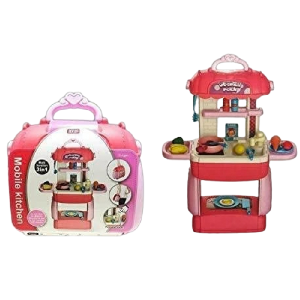 Kids Mobile Kitchen Playset 31PCS Pretend Cooking Toy Suitcase Carry Case Set
