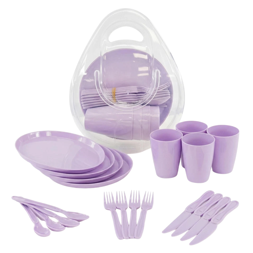 21 Pcs Picnic Cutlery Set for 4 Reusable Camping Plates Cups & Storage Box Purple