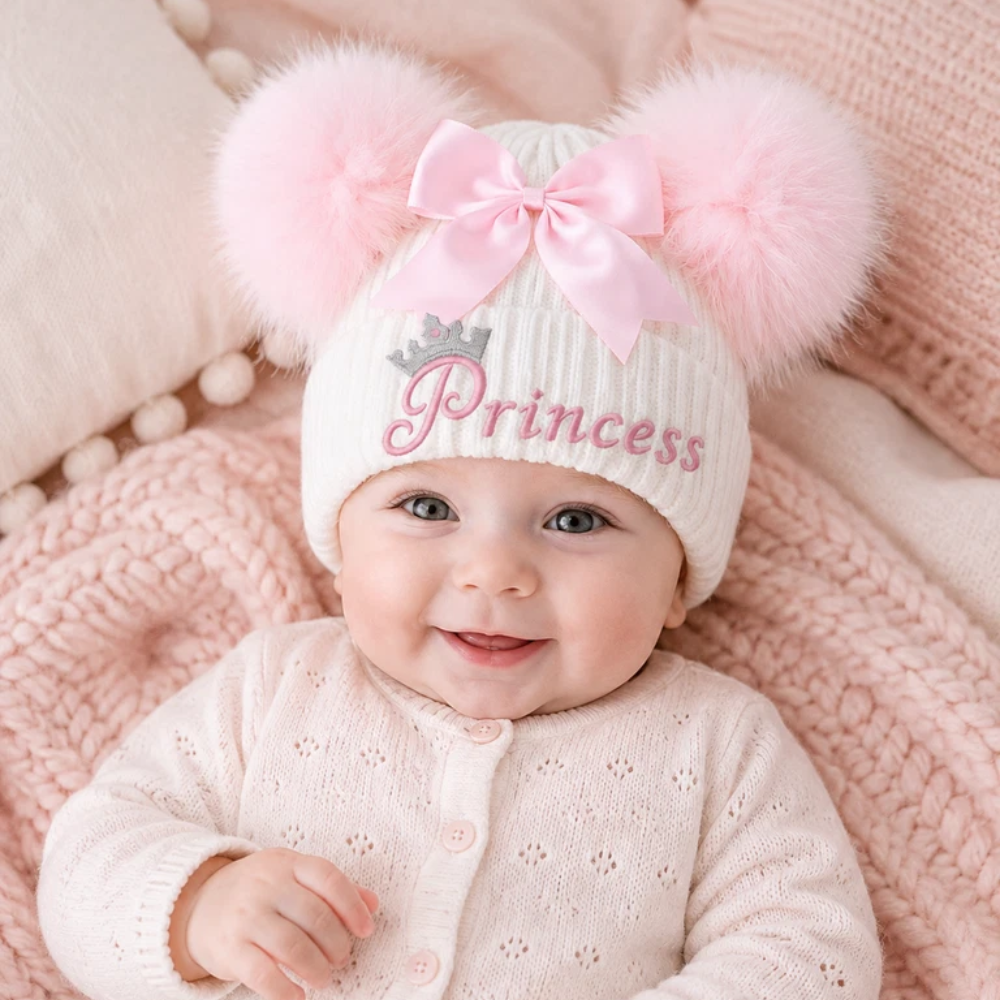 Spanish Style Princess Embroidered Baby Girls Hat, Giant Double Pom Poms, Ages 2–5 Years