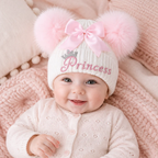 Spanish Style Princess Embroidered Baby Girls Hat, Giant Double Pom Poms, Ages 2–5 Years