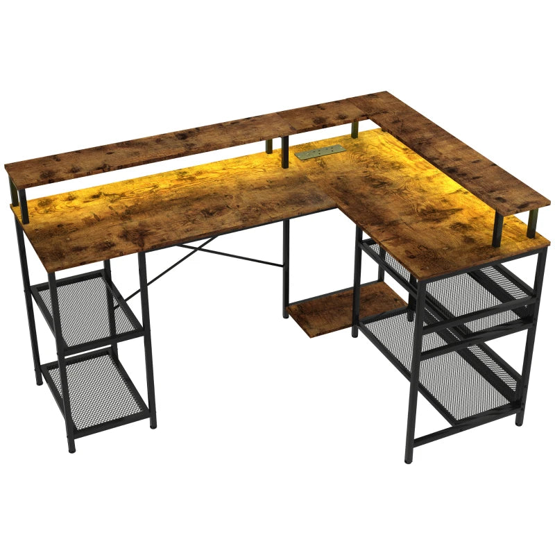Brown L-Desk with LED Lighting and Storage Shelves