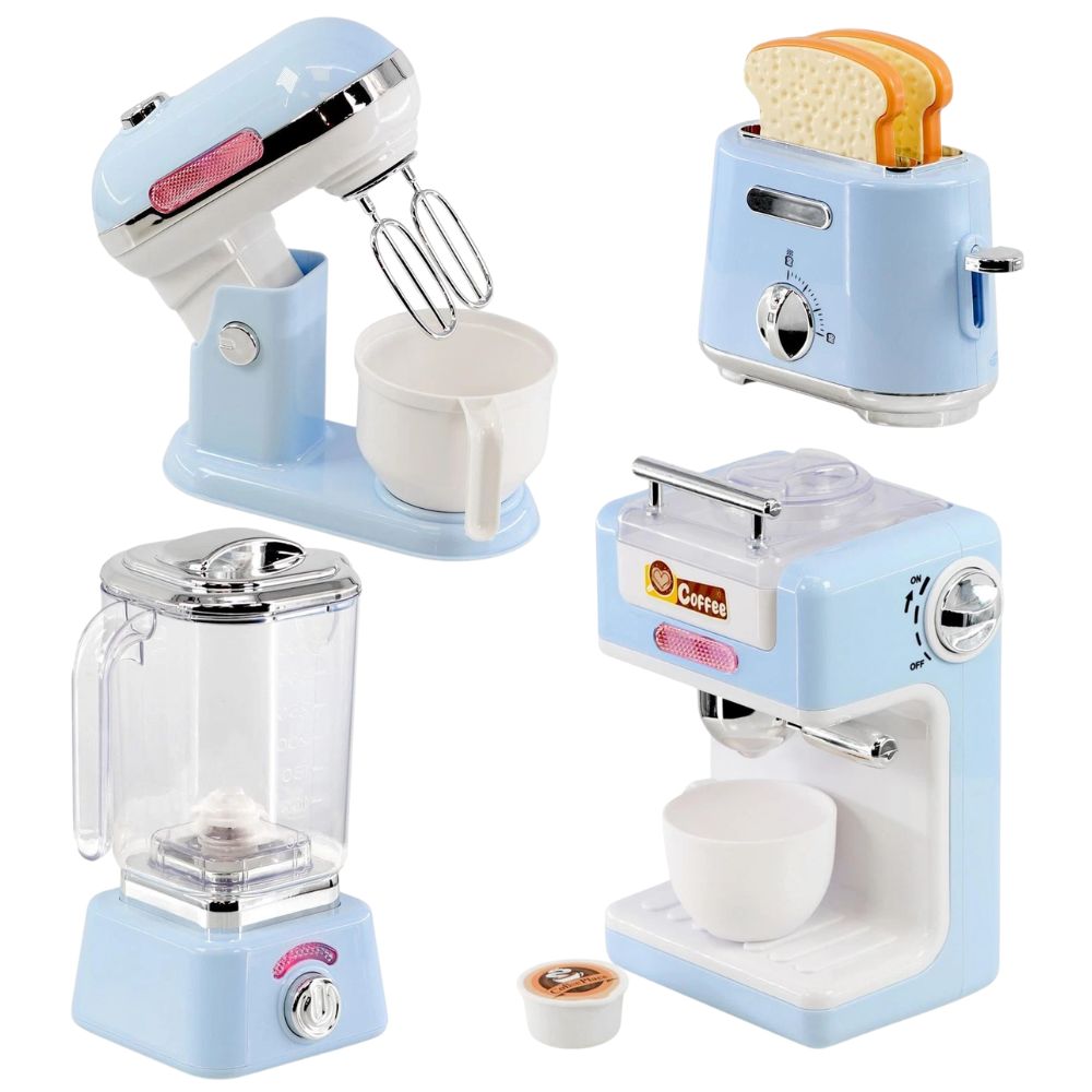 Kids Kitchen Appliances Toy Set Coffee Toaster Mixer Blender Pretend Play Food Blue Bundle