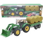 Toyland 1:32 Scale Green Tractor & Bale Trailer Diecast Farm Vehicle with Front Loader Hay Bale Toy