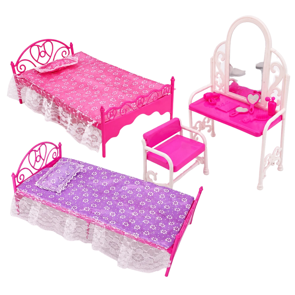 2x Plastic Fashion Doll Beds & Dressing Table with Chair Furniture Set