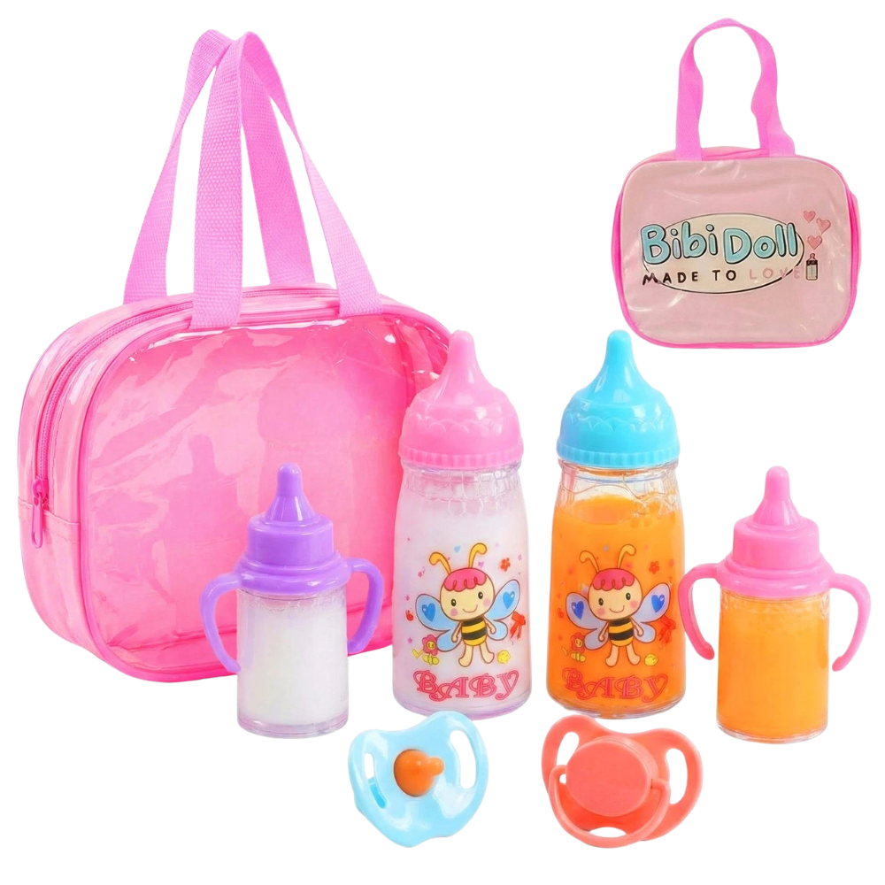 BiBi Doll 7-in-1 Baby Doll Accessories Set Magic Milk Juice Bottles Dummies Carry Bag