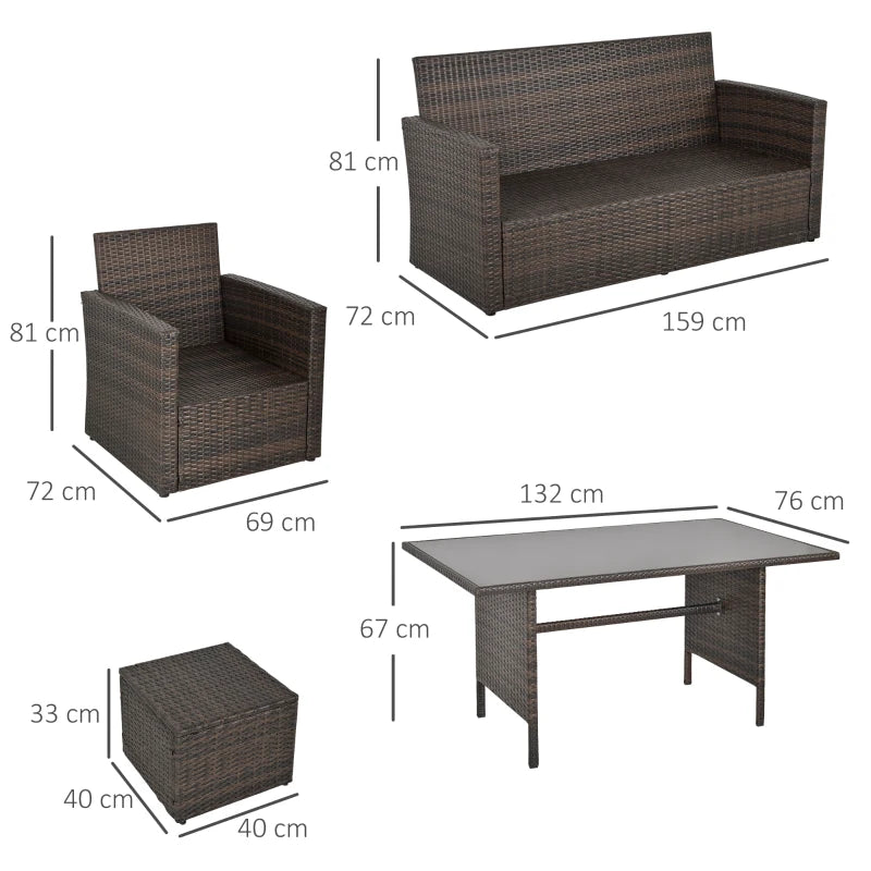 Mixed Brown Rattan Sofa Set with Glass-Top Table – 6-Piece Patio Furniture