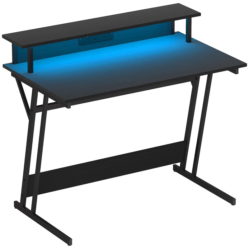 Gaming Desk with LED Lighting – Dual Tier, Black