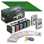 Poker Set 200 Pcs Casino Game in Tin Box with Playing Mat 2 Card Decks Chips Buttons