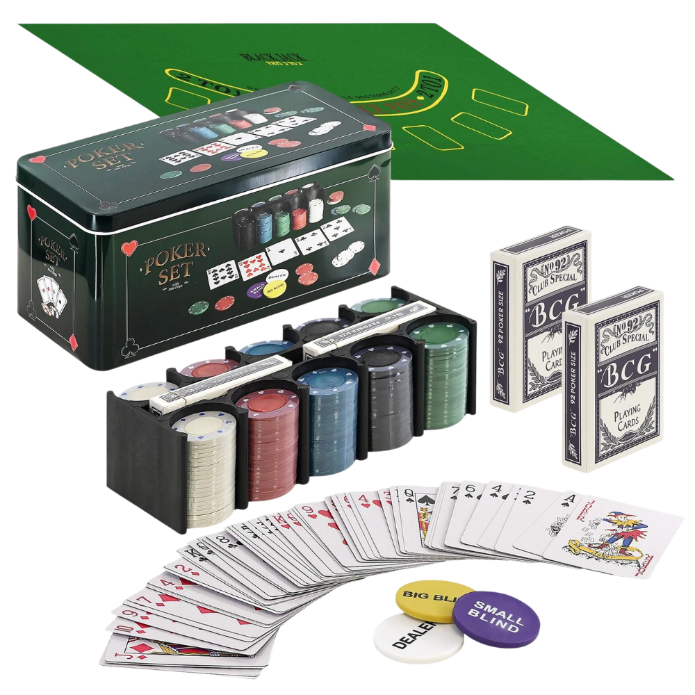 Poker Set 200 Pcs Casino Game in Tin Box with Playing Mat 2 Card Decks Chips Buttons