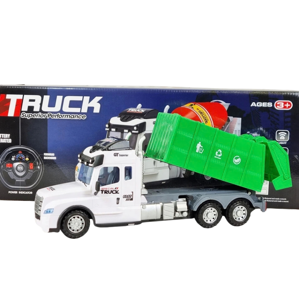 Rc Garbage Truck Toy with Lights Sounds Tipper Bin Steering Wheel Remote Control 3+